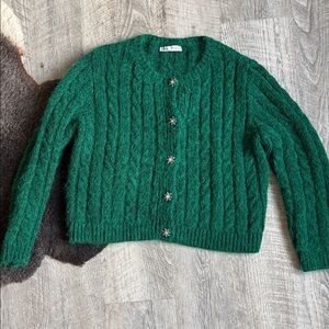 Zara Deep Green Cable Knit Cardigan with Floral Accents
